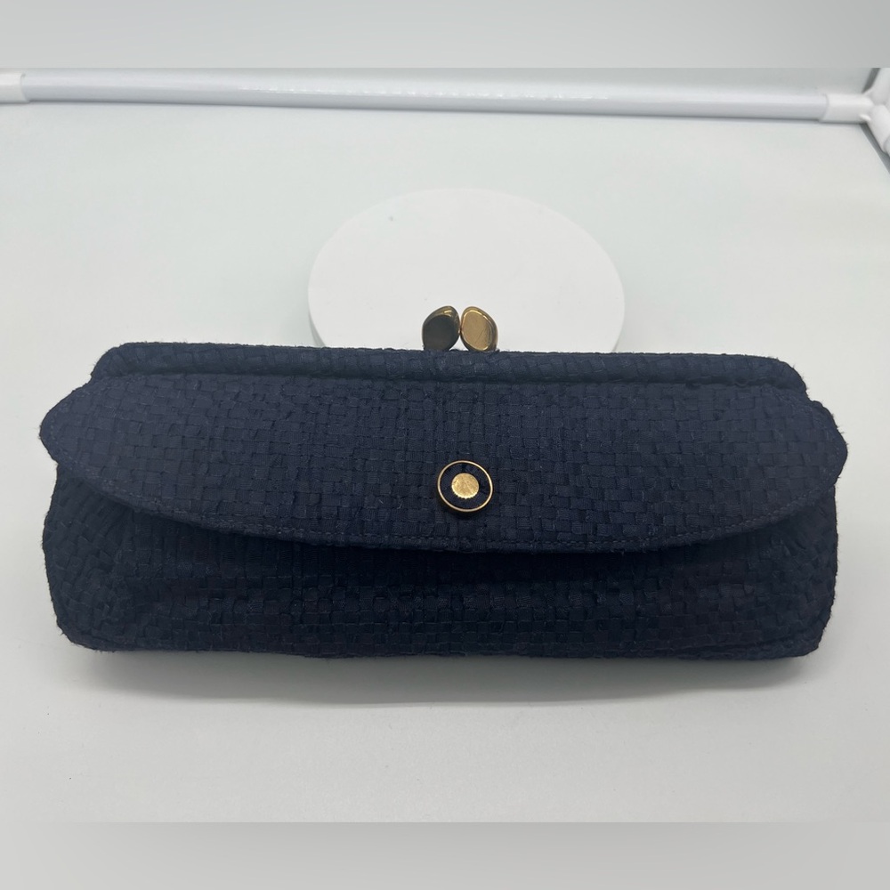 BOBBIE JEROME VINTAGE 1950s Midnight Blue Woven Fabric Evening Bag Clutch